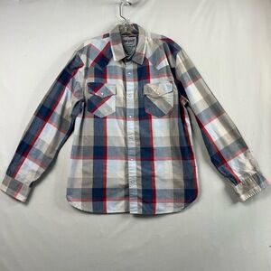 Levi Strauss Shirt Mens Large Two Horse Brand Western Blue Plaid Snap Up Plaid